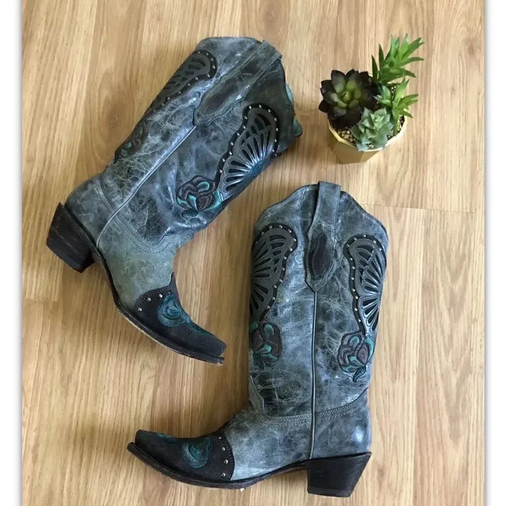 CORRAL VINTAGE LD Blue Jean Leather Butterfly & Roses C1150